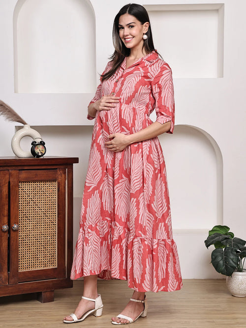 Frempy Women Fit and Flare Red Floral Printed Maxi/Full Length Dress