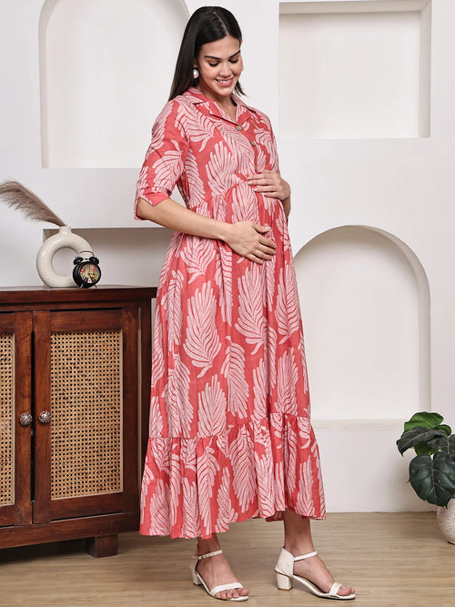 Frempy Women Fit and Flare Red Floral Printed Maxi/Full Length Dress