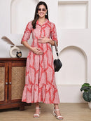 Frempy Women Fit and Flare Red Floral Printed Maxi/Full Length Dress