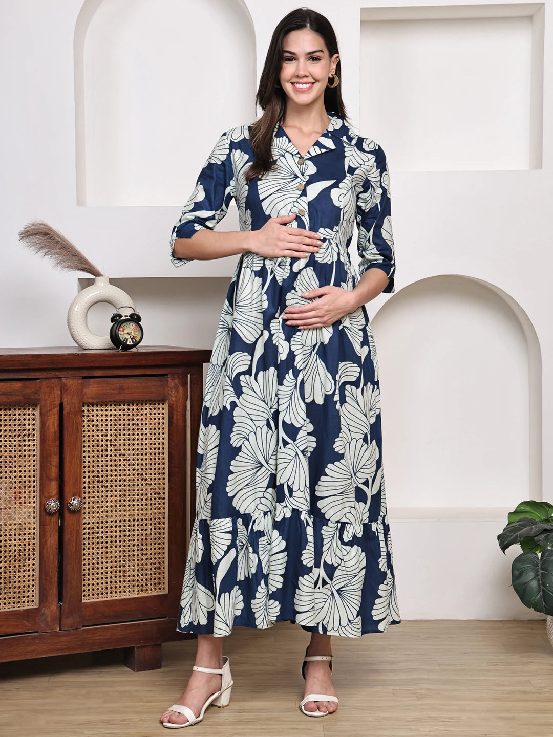 Frempy Women Fit and Flare Navy Blue Floral Printed Maxi/Full Length Dress