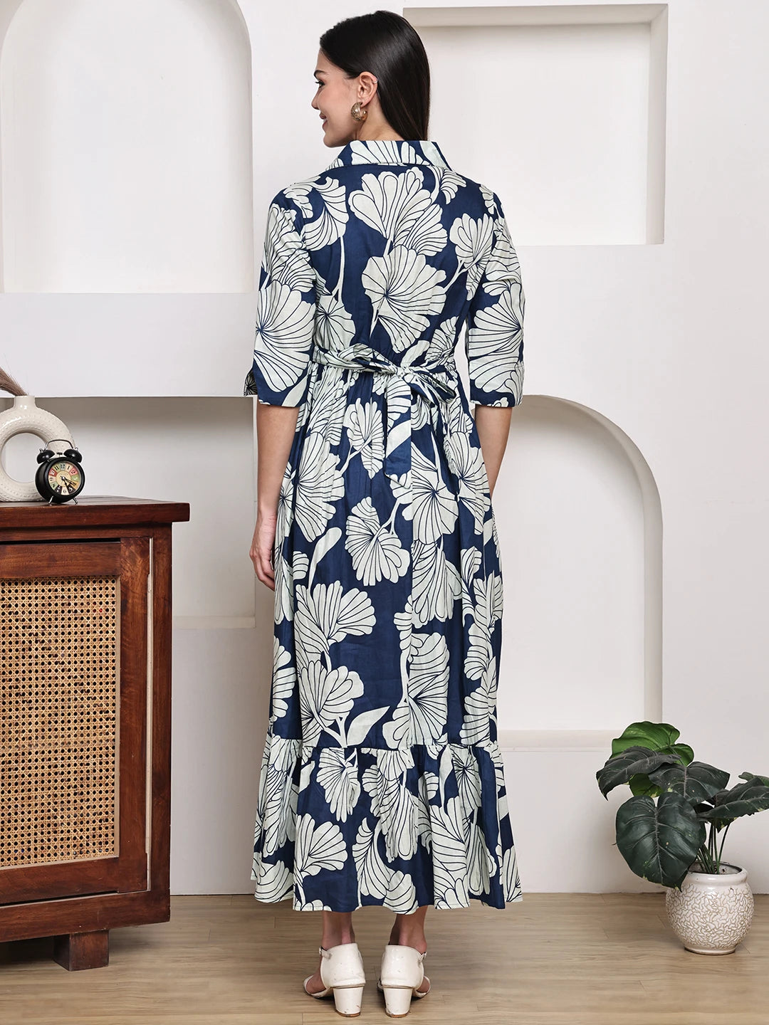 Frempy Women Fit and Flare Navy Blue Floral Printed Maxi/Full Length Dress