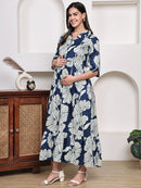 Frempy Women Fit and Flare Navy Blue Floral Printed Maxi/Full Length Dress