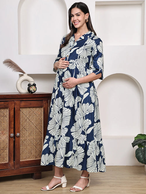 Frempy Women Fit and Flare Navy Blue Floral Printed Maxi/Full Length Dress
