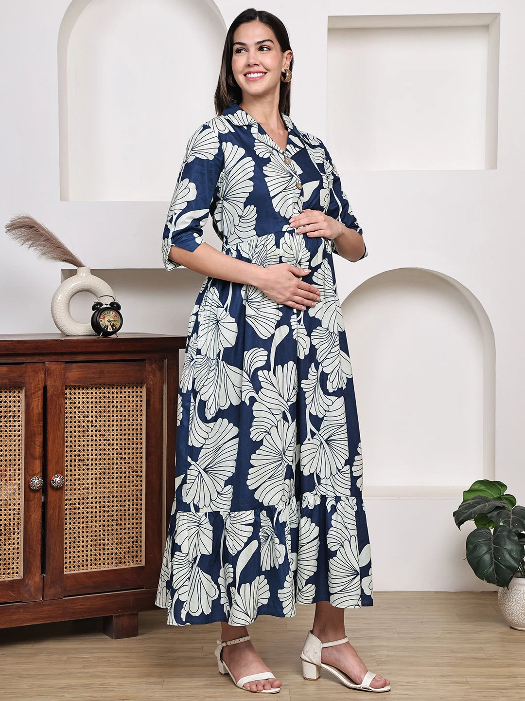 Frempy Women Fit and Flare Navy Blue Floral Printed Maxi/Full Length Dress