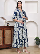 Frempy Women Fit and Flare Navy Blue Floral Printed Maxi/Full Length Dress