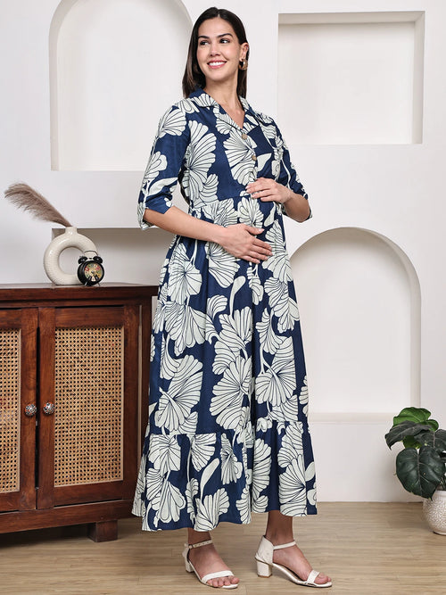 Frempy Women Fit and Flare Navy Blue Floral Printed Maxi/Full Length Dress