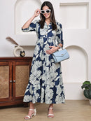 Frempy Women Fit and Flare Navy Blue Floral Printed Maxi/Full Length Dress