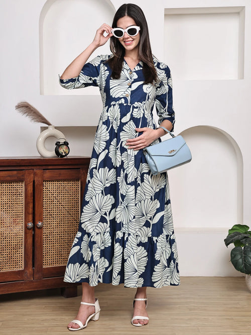 Frempy Women Fit and Flare Navy Blue Floral Printed Maxi/Full Length Dress