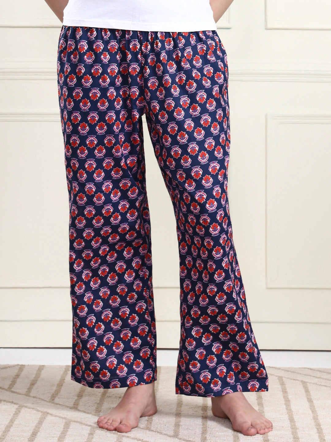 Frempy Black Floral Motif Print Smocked Waist Pure Cotton Maternity Trousers