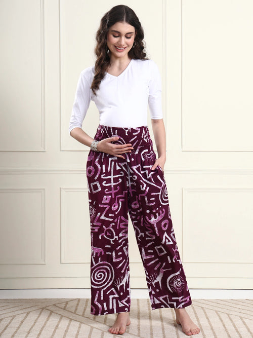 Wine Abstract Print Pure Cotton Maternity Trousers