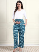Frempy Teal Blue Leaf Print Pure Cotton Maternity Trousers