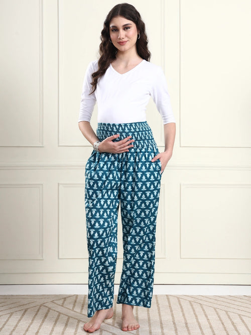 Frempy Teal Blue Leaf Print Pure Cotton Maternity Trousers