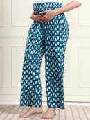 Frempy Teal Blue Leaf Print Pure Cotton Maternity Trousers