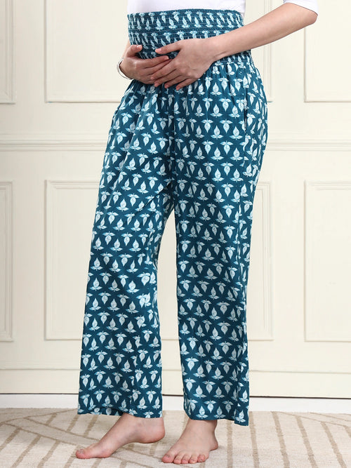 Frempy Teal Blue Leaf Print Pure Cotton Maternity Trousers