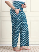 Frempy Teal Blue Leaf Print Pure Cotton Maternity Trousers