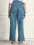 Frempy Teal Blue Leaf Print Pure Cotton Maternity Trousers
