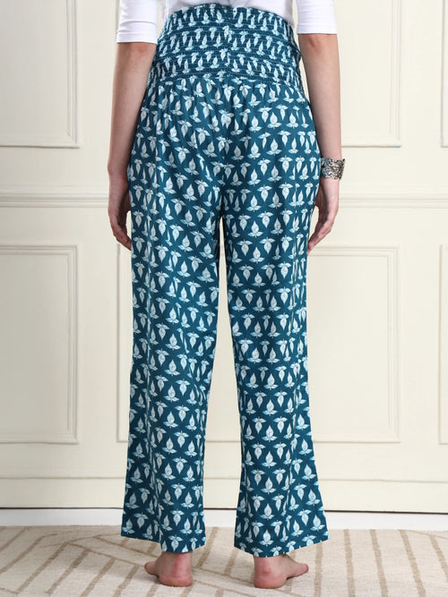 Frempy Teal Blue Leaf Print Pure Cotton Maternity Trousers