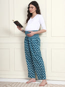 Frempy Teal Blue Leaf Print Pure Cotton Maternity Trousers