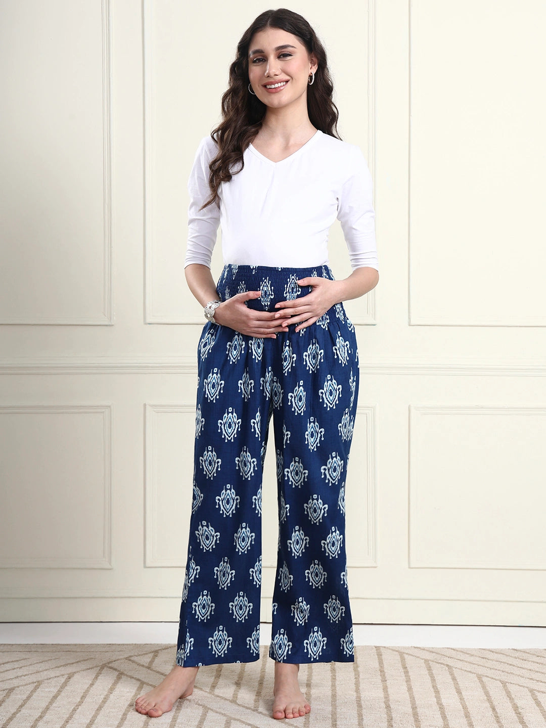 Frempy Women Blue Ikat Print Pure Cotton Maternity Trousers