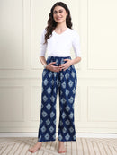 Frempy Women Blue Ikat Print Pure Cotton Maternity Trousers