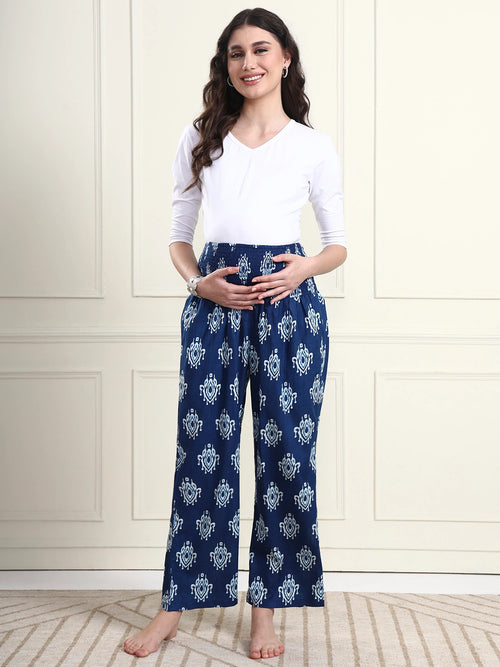 Frempy Women Blue Ikat Print Pure Cotton Maternity Trousers