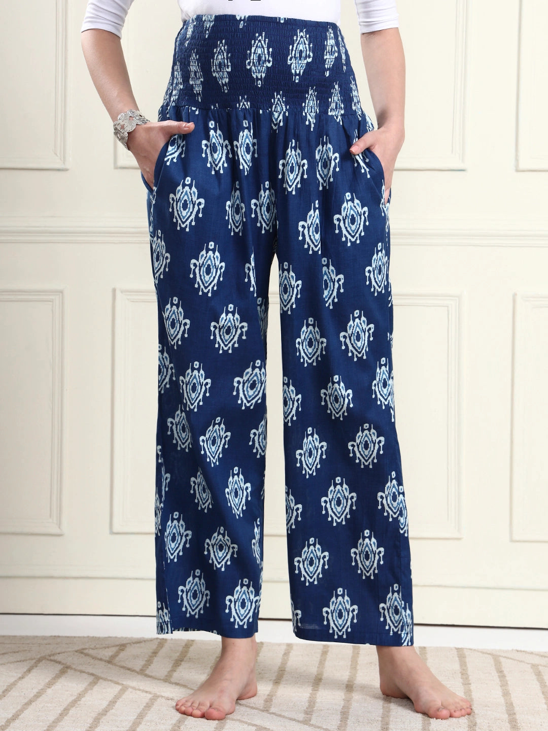 Frempy Women Blue Ikat Print Pure Cotton Maternity Trousers