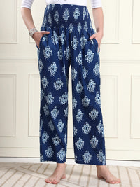 Frempy Women Blue Ikat Print Pure Cotton Maternity Trousers