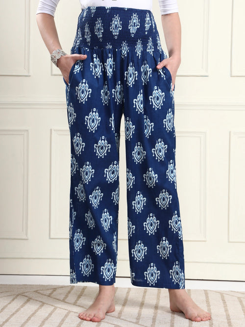 Frempy Women Blue Ikat Print Pure Cotton Maternity Trousers