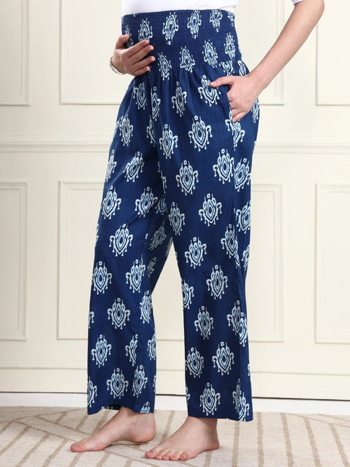 Frempy Women Blue Ikat Print Pure Cotton Maternity Trousers