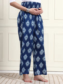 Frempy Women Blue Ikat Print Pure Cotton Maternity Trousers