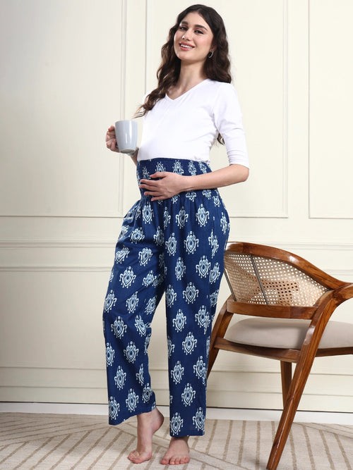 Frempy Women Blue Ikat Print Pure Cotton Maternity Trousers