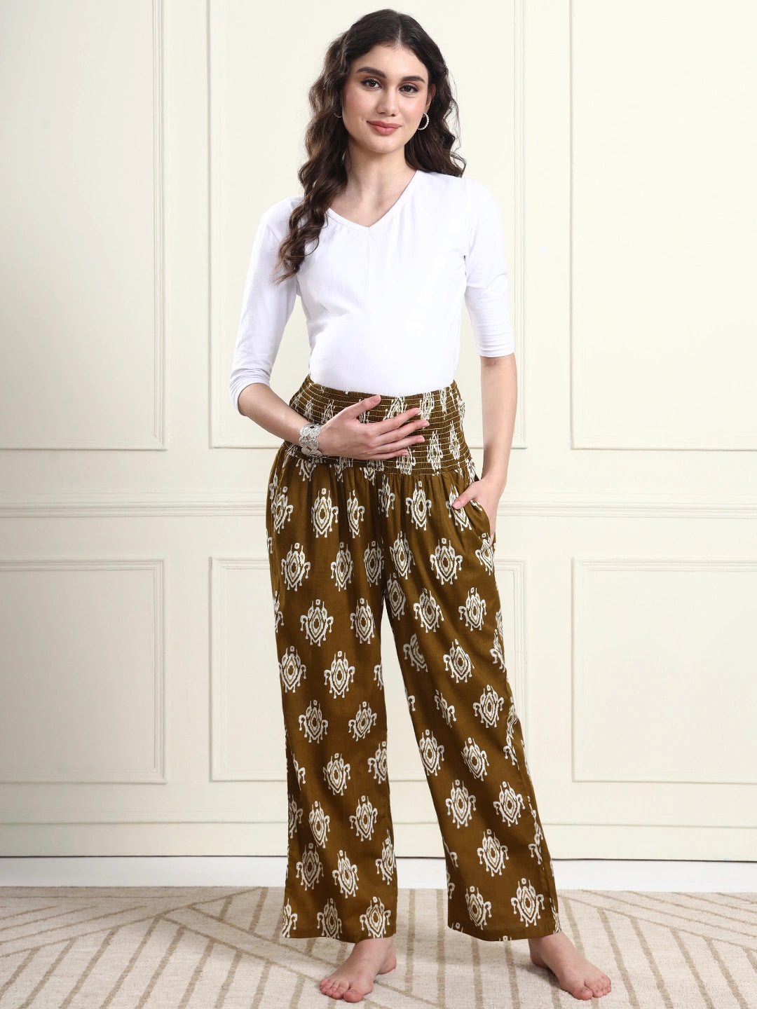 Frempy Women Olive Ikat Print Pure Cotton Maternity Trousers