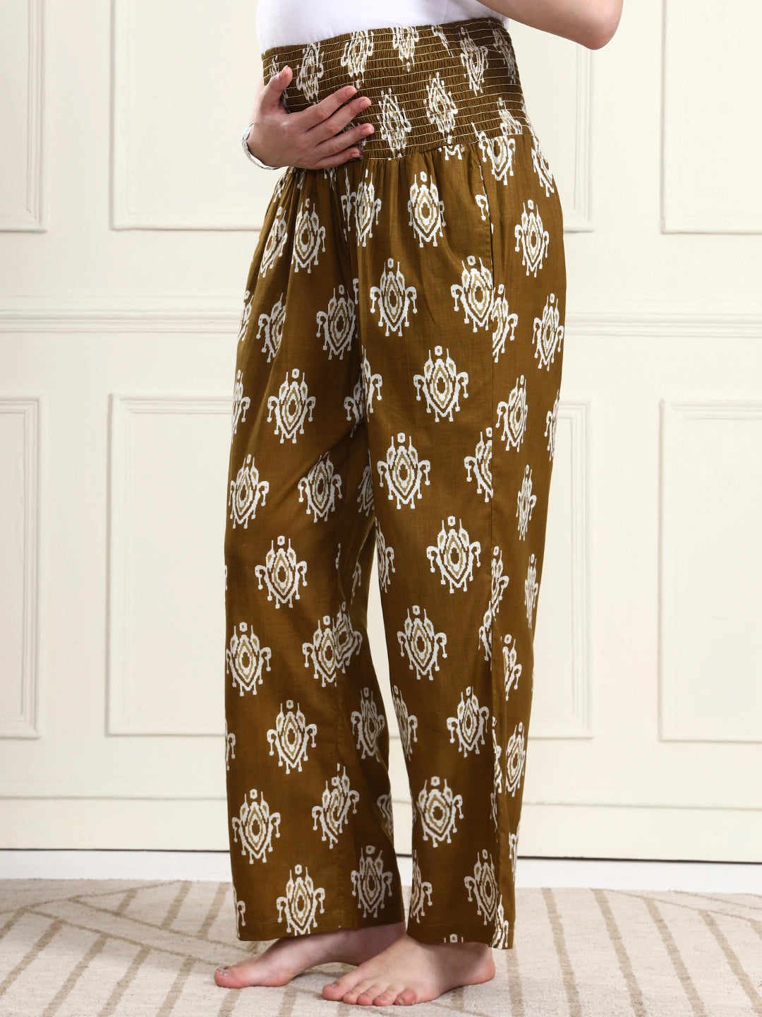 Frempy Women Olive Ikat Print Pure Cotton Maternity Trousers