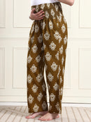 Frempy Women Olive Ikat Print Pure Cotton Maternity Trousers