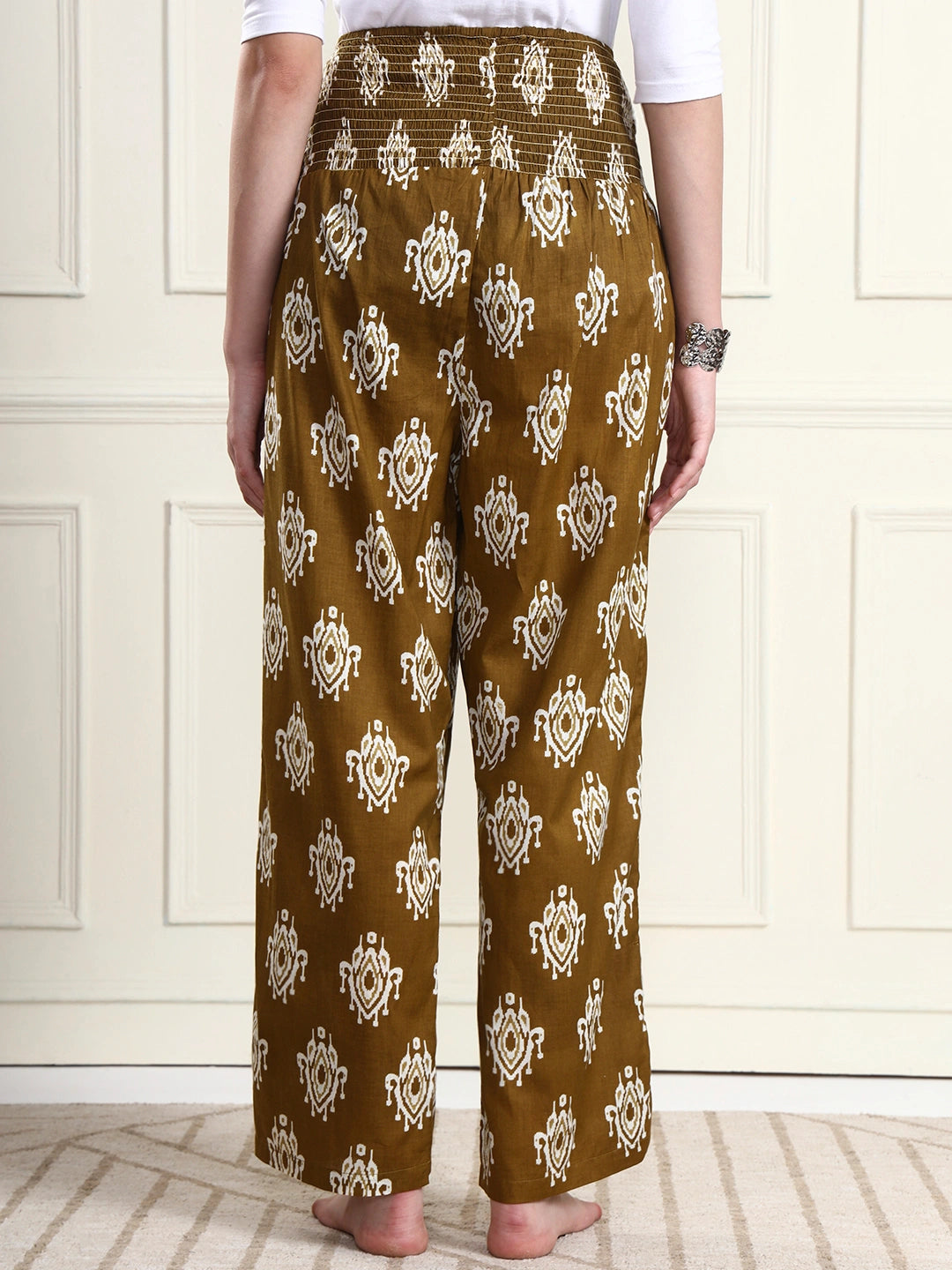 Frempy Women Olive Ikat Print Pure Cotton Maternity Trousers