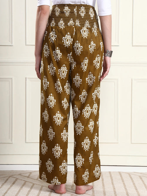 Frempy Women Olive Ikat Print Pure Cotton Maternity Trousers