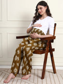 Frempy Women Olive Ikat Print Pure Cotton Maternity Trousers