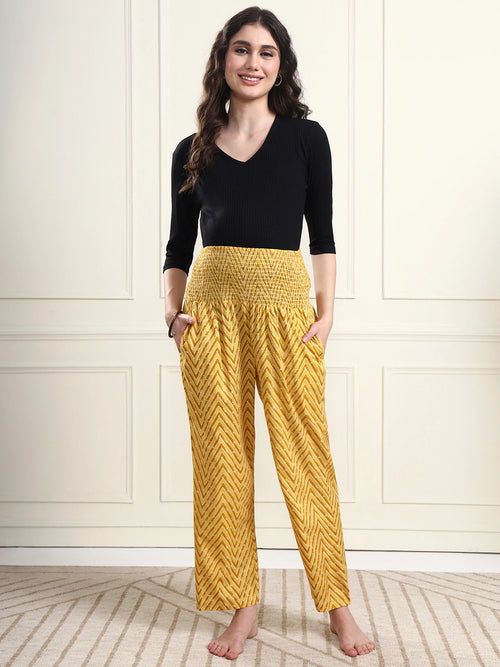 Frempy Women Yellow Striped Smocked Waist Pure Cotton Maternity Trousers