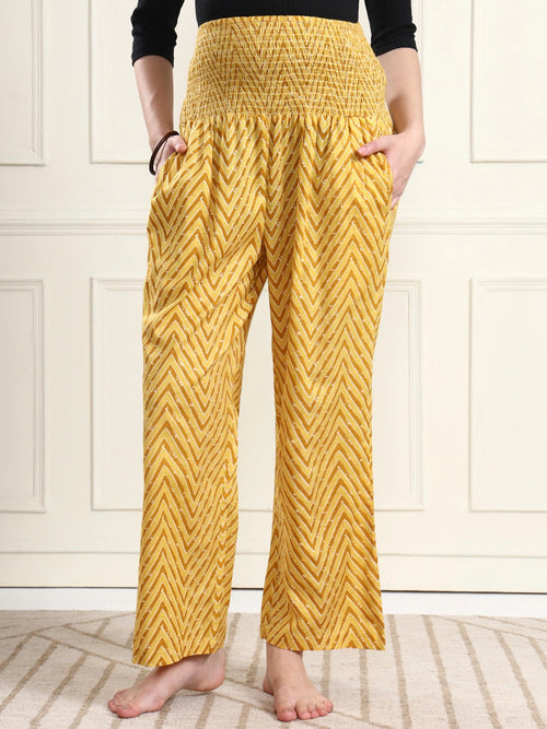 Frempy Women Yellow Striped Smocked Waist Pure Cotton Maternity Trousers