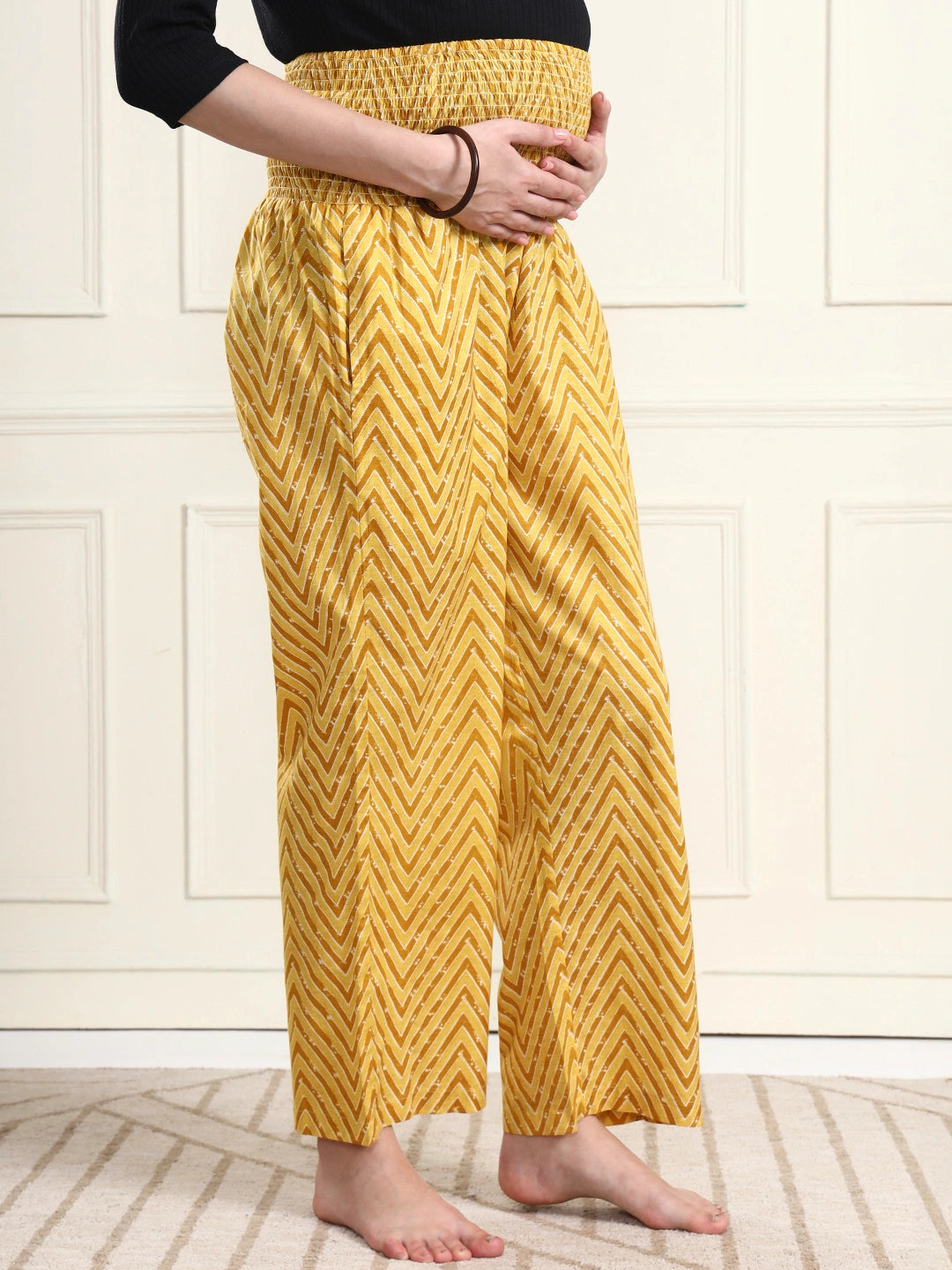 Frempy Women Yellow Striped Smocked Waist Pure Cotton Maternity Trousers