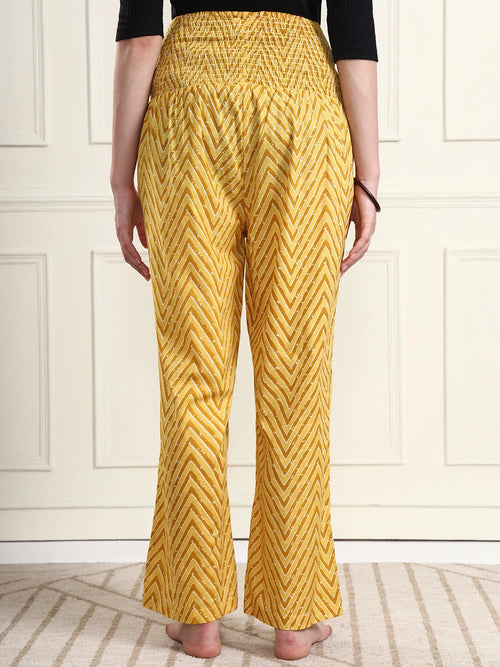Frempy Women Yellow Striped Smocked Waist Pure Cotton Maternity Trousers