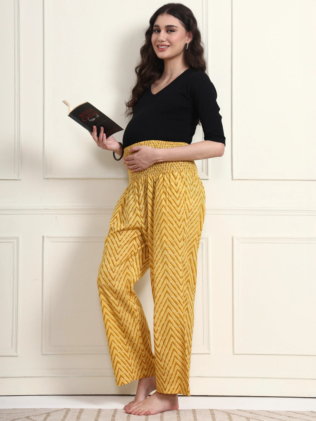 Frempy Women Yellow Striped Smocked Waist Pure Cotton Maternity Trousers