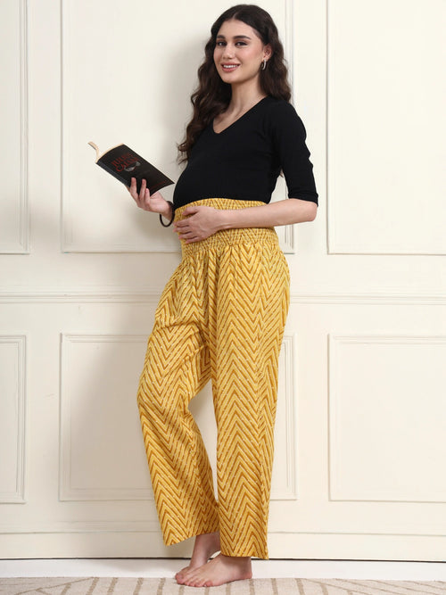 Frempy Women Yellow Striped Smocked Waist Pure Cotton Maternity Trousers