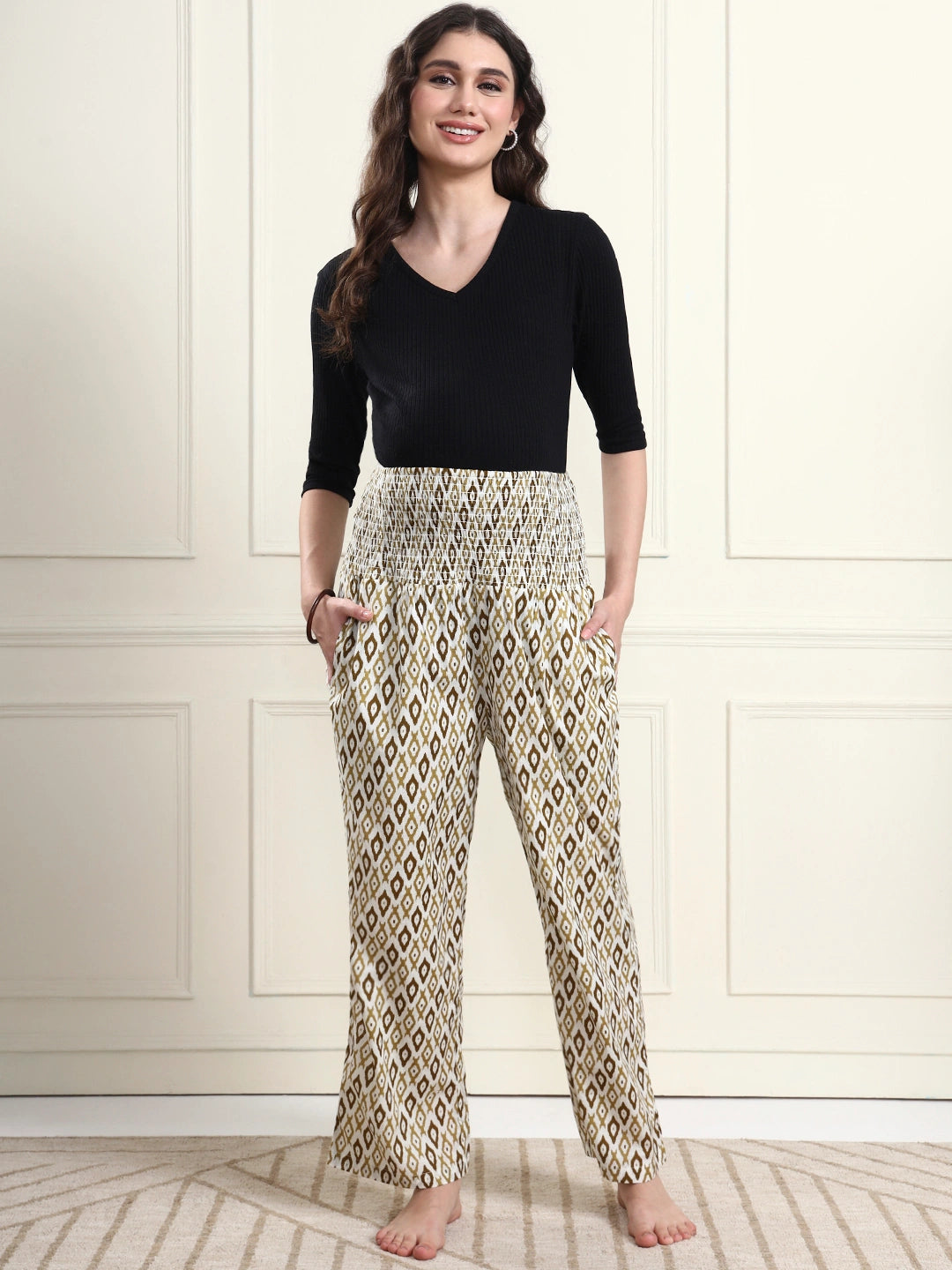 Frempy Off-White Ikat Print Pure Cotton Maternity Trousers