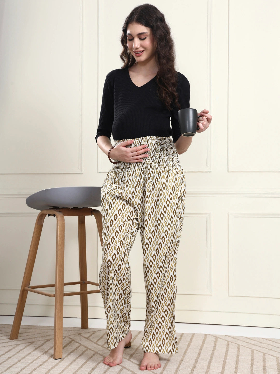 Frempy Off-White Ikat Print Pure Cotton Maternity Trousers