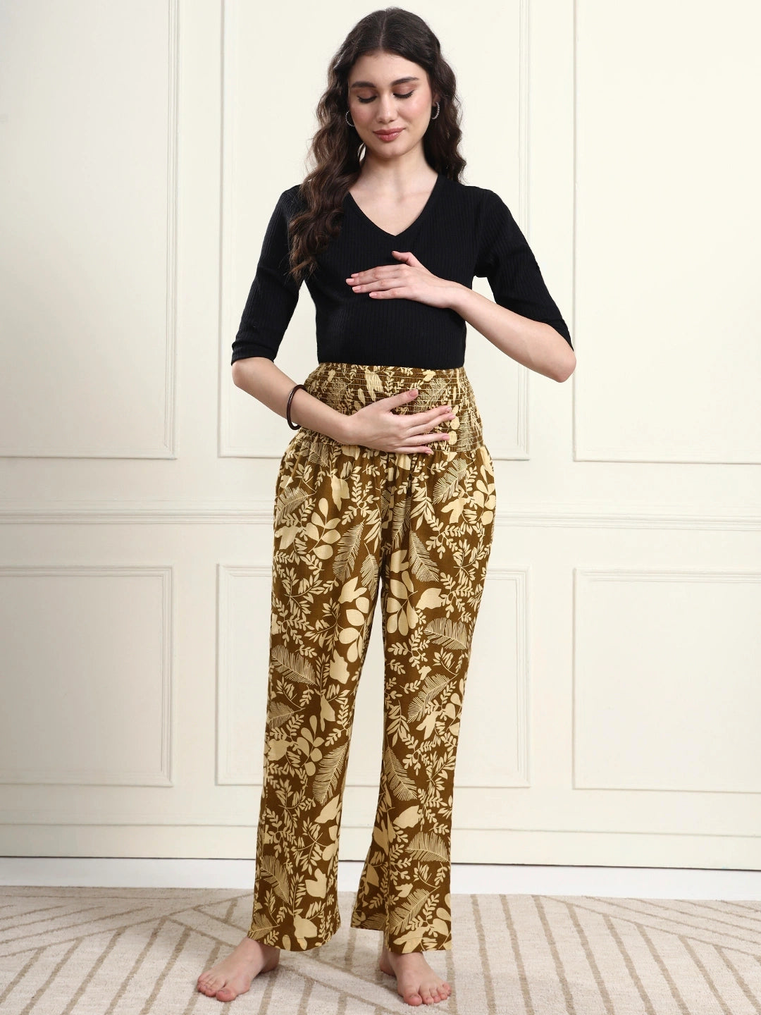 Frempy Women Olive Leaf Print Smocked Waist Pure Cotton Maternity Trousers