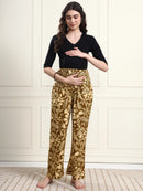 Frempy Women Olive Leaf Print Smocked Waist Pure Cotton Maternity Trousers