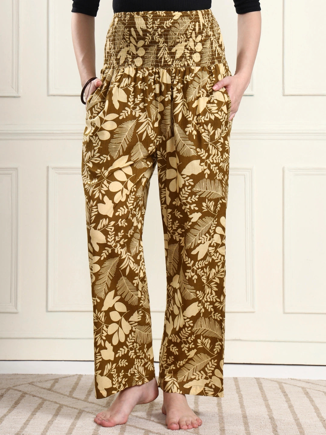 Frempy Women Olive Leaf Print Smocked Waist Pure Cotton Maternity Trousers