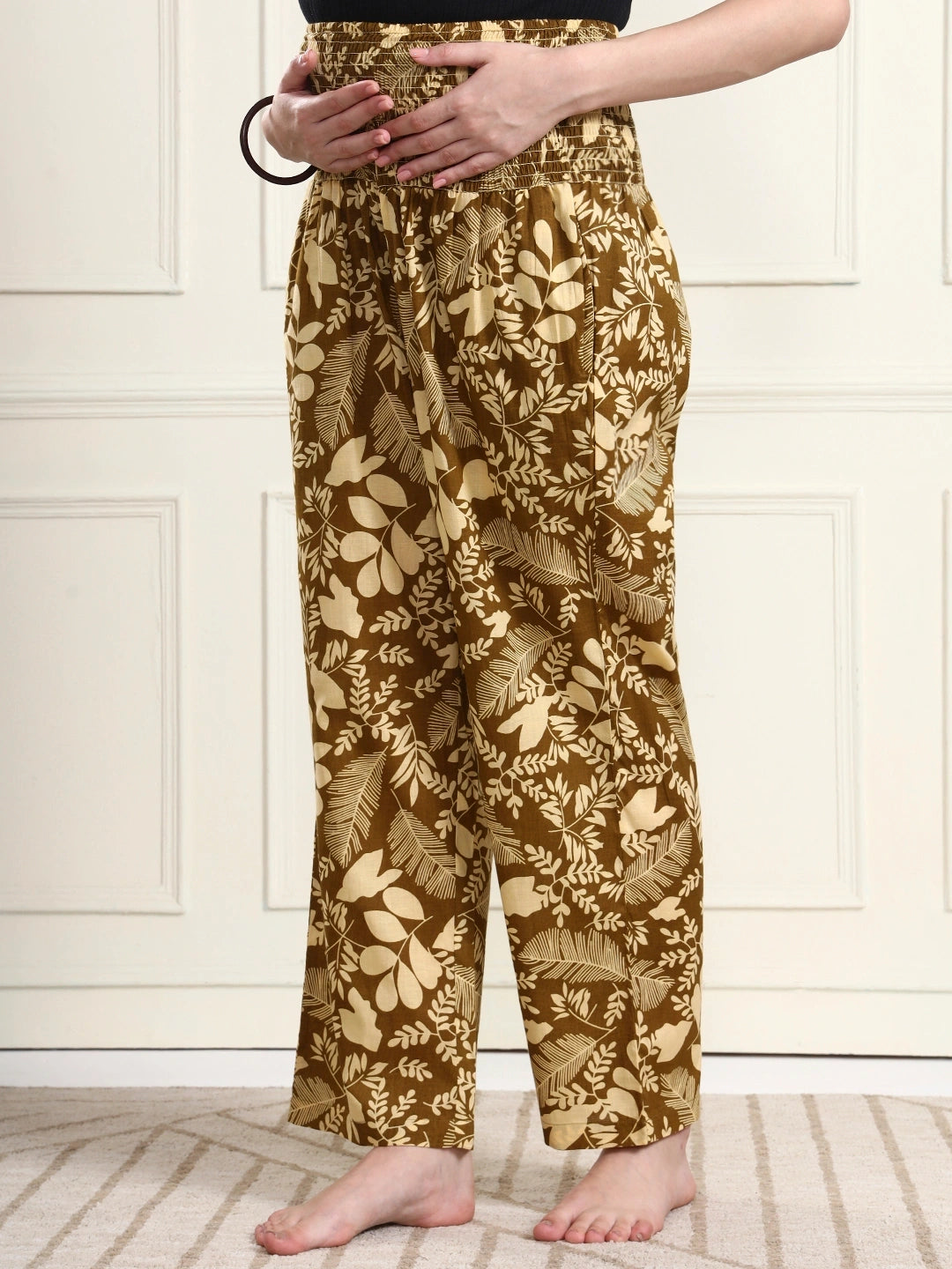 Frempy Women Olive Leaf Print Smocked Waist Pure Cotton Maternity Trousers