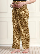 Frempy Women Olive Leaf Print Smocked Waist Pure Cotton Maternity Trousers